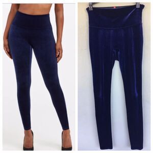 Spanx Pants Womens Medium Blue Velvet Leggings Velour Slim Holiday Party Stretch